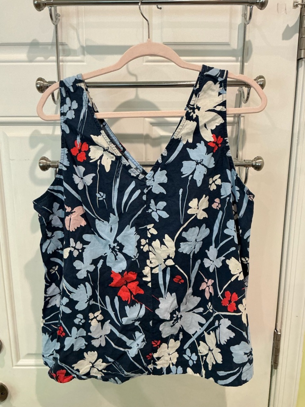 Time and Tru Navy Floral V-Neck Tank Top with Red and Light Blue Flowers